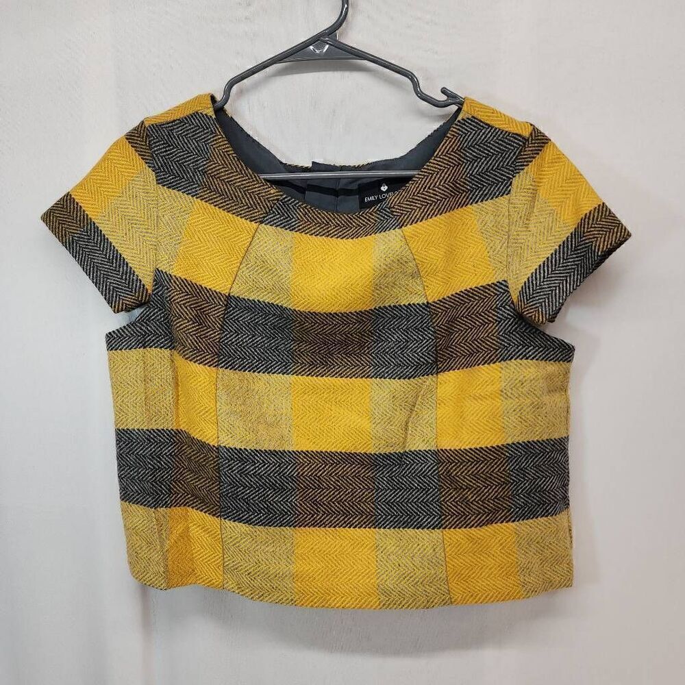 Emily Lovelock Size Medium Plaid Crop Wool Blend Blouse Women's Top Fall Yellow
